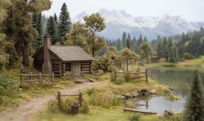 Rustic Log Cabin by a Serene Lake in a Mountain Valley