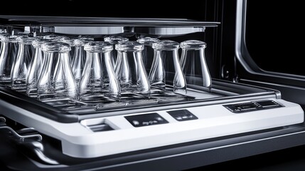 Open dishwasher with glass racks designed for delicate wine glasses