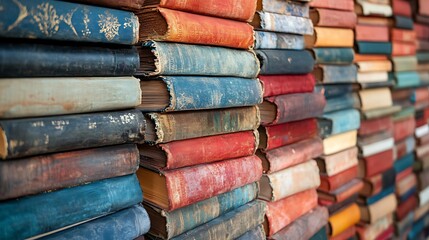 Stack of Vintage Books with Colorful Worn Covers, A close-up view of a stack of old, weathered books with colorful, worn covers