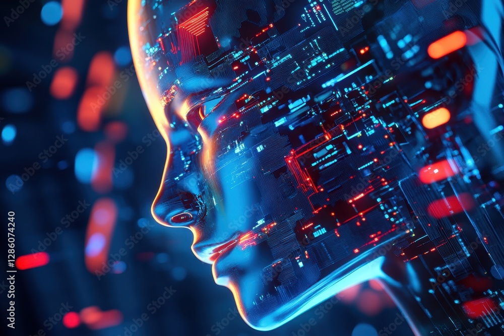 Aufkleber exploring the intricate merging of technology and humanity in a futuristic digital portrait. generat