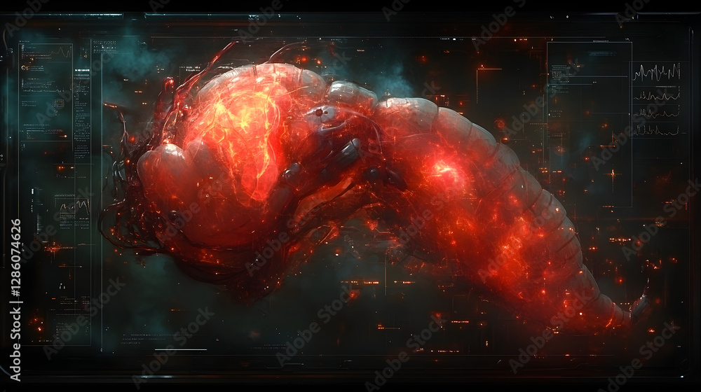 Poster cosmic nebula: an abstract artistic rendering of a cosmic nebula, characterized by vibrant red and o