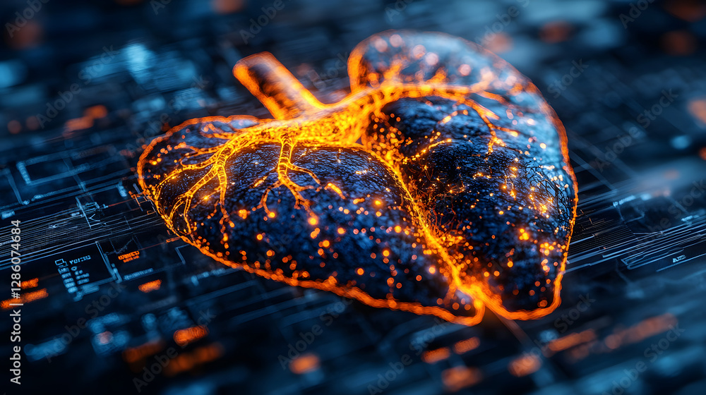 Poster digital lung: a stunning, high-tech representation of a lung, crafted with digital circuits and glow