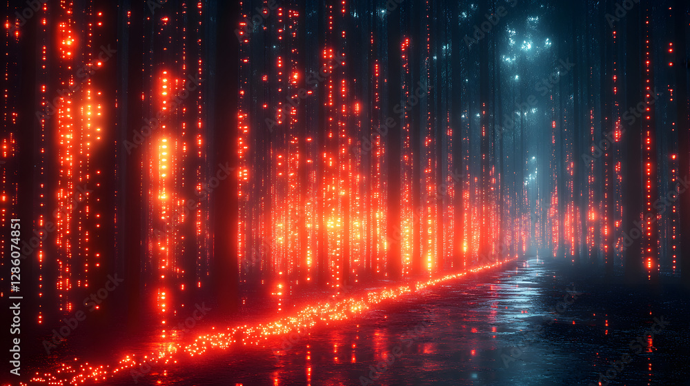 Poster neon data stream: a mesmerizing digital display of vibrant neon lights, resembling a dynamic data st