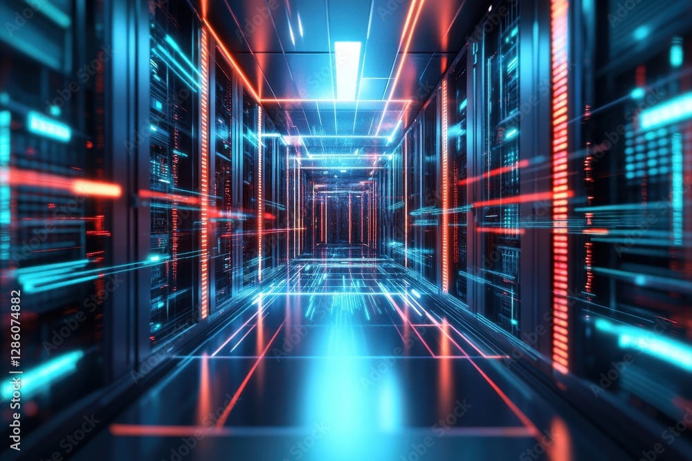 Poster neon-lit corridor filled with vibrant data streams in a futuristic digital server room at night. gen
