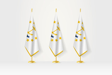 Three Rhode Island flags in a row on a golden stand, illustration of press conference and other meetings.