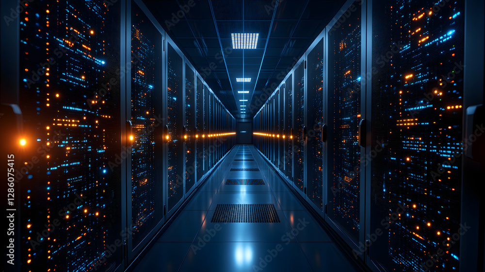 Poster data center corridor: a visually stunning shot of a data center hallway, lined with server racks ill