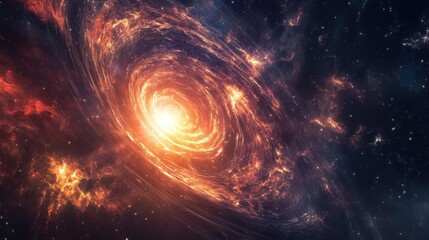 A deep-space event horizon stretches a nebula into infinite spirals of glowing energy