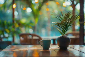 Tranquil caf? scene featuring a coffee cup and a potted plant with soft bokeh background