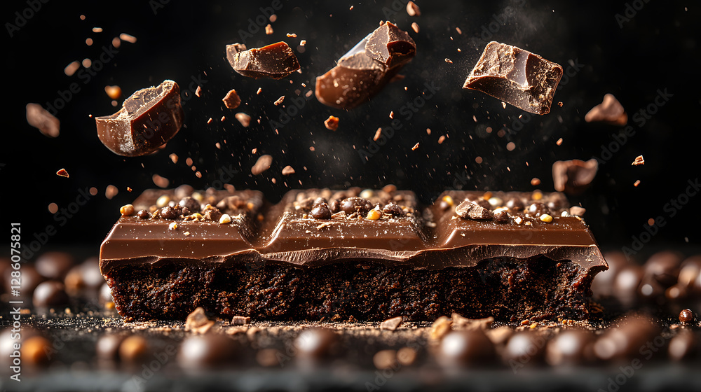 Poster chocolate delight: a decadent chocolate bar, garnished with crunchy nuts and cocoa nibs, explodes in