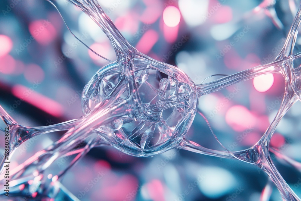 Poster exploring the intricate beauty of microscopic structures illuminated by vibrant colors at twilight. 
