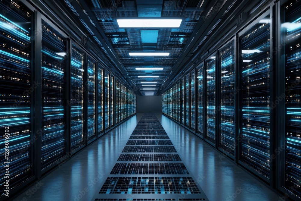 Poster futuristic data center corridor illuminated by dynamic blue lights showcasing advanced server techno