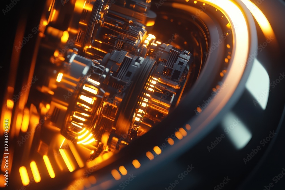 Poster intricate gears and circuits glow with warm orange light in a futuristic technological landscape. ge