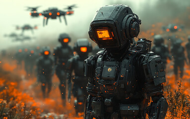 Fototapeta premium Futuristic Battlefield with Automated Drones and Combat Soldiers 