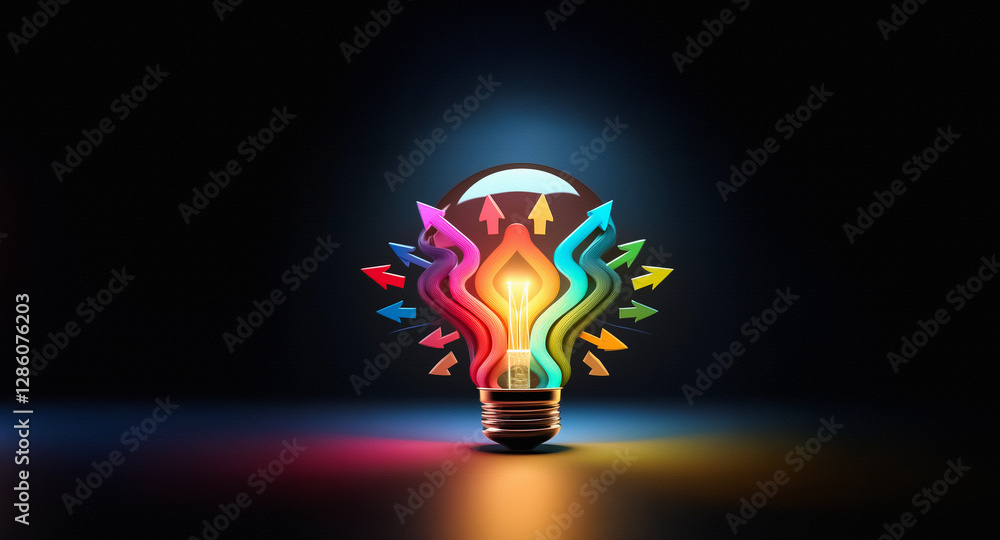 Aufkleber a luminous light bulb stands out against a dark backdrop. brightly colored arrows converge towards t