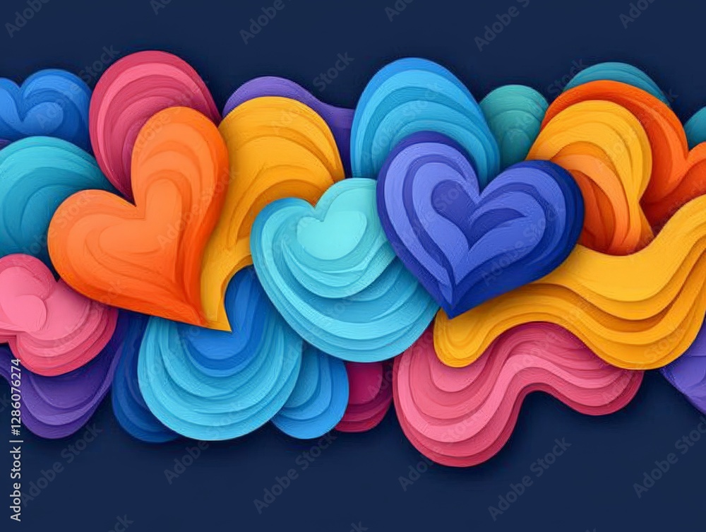 Poster vibrant multicolored swirling heart shapes forming dynamic abstract 3d wallpaper with layered textur