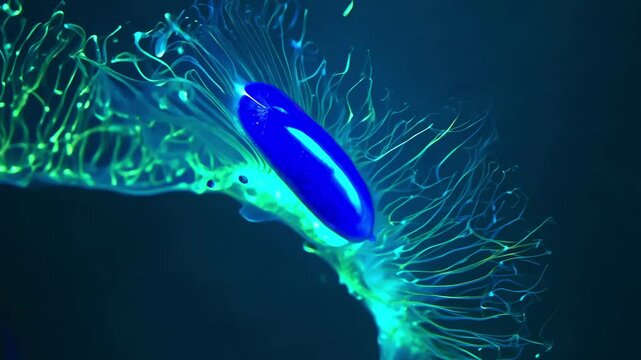 A highly detailed 3D-rendered visualization of a futuristic microscopic organism with glowing neural-like filaments and a bioluminescent core, representing biotechnology.  
