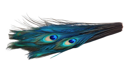 Obraz premium Colorful peacock feathers displayed elegantly against a white background showcasing their vibrant hues and intricate patterns