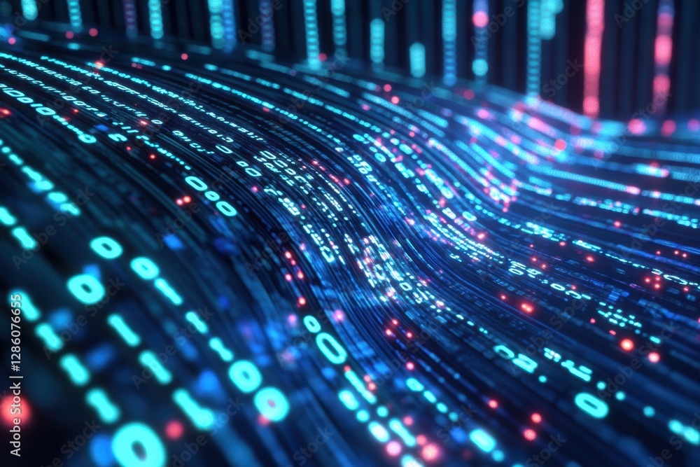 Poster Digital waves of data flow through a vibrant landscape of glowing binary codes, creating an atmosphere of technological wonder. Generative AI