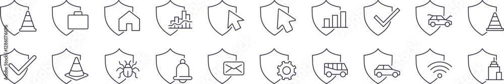 Poster bundle of line icons of shield, defence, insurance. minimalistic linear pictogram for web and graphi