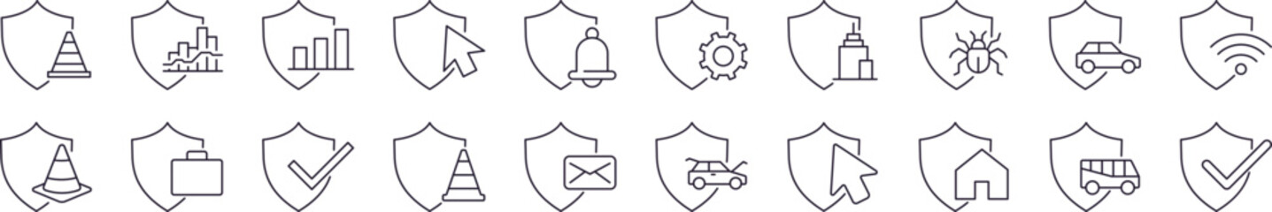 Shield, Defence, Insurance Outline Web Line Icons Collection. Minimalistic Linear Pictogram for Web and Graphic Design, Apps, Banners, Social Network and Cards