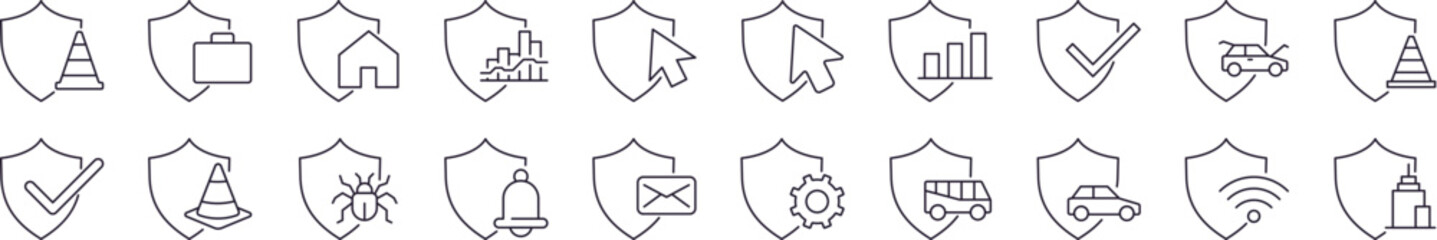 Bundle of Line Icons of Shield, Defence, Insurance. Minimalistic Linear Pictogram for Web and Graphic Design, Apps, Banners, Social Network and Cards