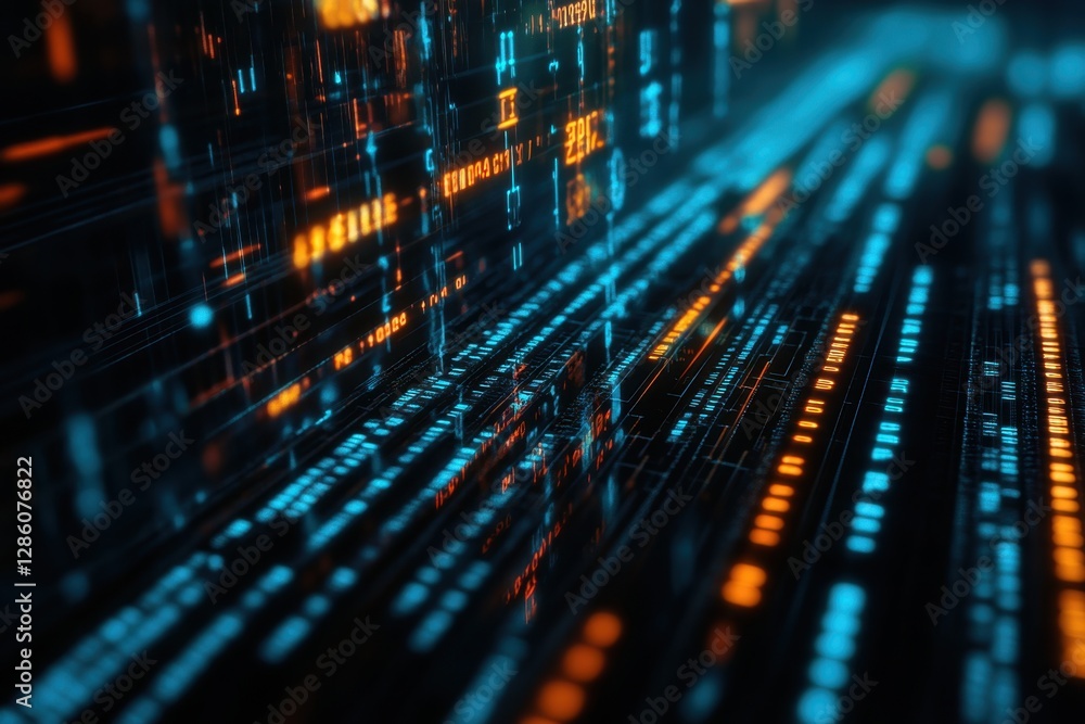 Poster neon trails of data flowing through a digital landscape illuminated by vibrant colors. generative ai