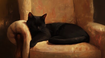 Black cat peacefully asleep on a cozy chair, casting a calm and serene atmosphere.