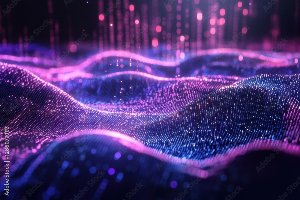 Poster swirling waves of vibrant colors create a mesmerizing digital landscape illuminated by cascading lig