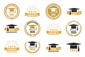 Graduation party logo design. Class of 2025 with graduation academic cap. Graduation symbols. Vector illustration. 