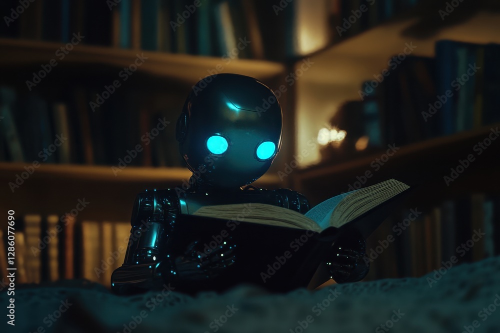 Poster robot immersed in the pages of a book illuminated by soft, warm light in a cozy library setting at t