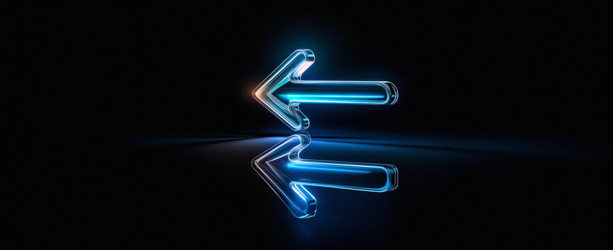 Two glossy blue arrows point left with a reflection effect against a dark backdrop.  The arrows seem to be made of glass and are illuminated with a neon-like glow.