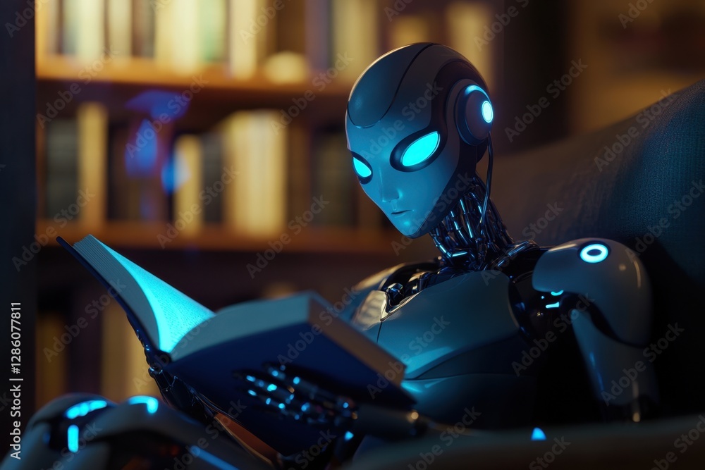 Poster futuristic robot immersed in a book while illuminated by soft blue light in a cozy library setting. 