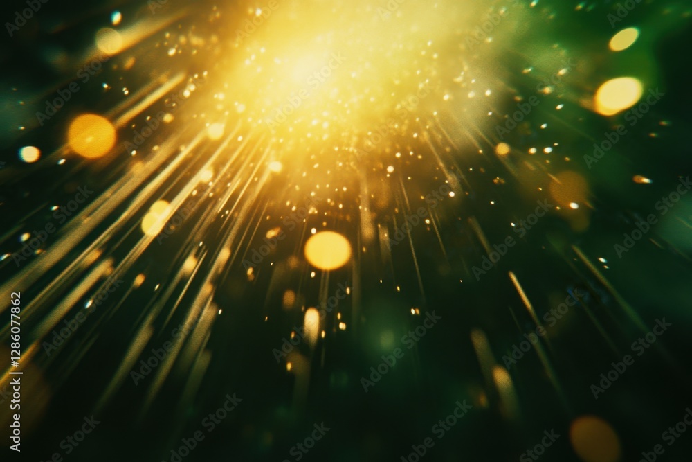 Poster dazzling golden and green light rays dance in a cosmic space filled with magical glimmers and shimme