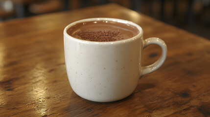 Obraz premium Cozy Mug of Hot Cocoa: A warm and inviting image of a mug filled with rich, steaming hot cocoa, dusted with cocoa powder. resting on a textured wooden table
