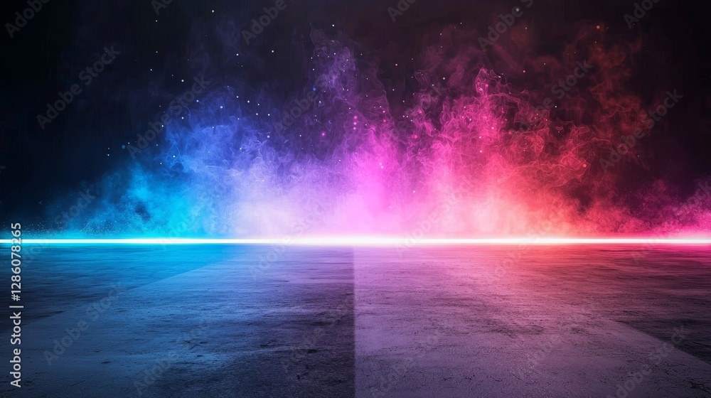 Wall mural an abstract holiday background with blurred rays and sparkles, illuminated by a fantastic red and pu