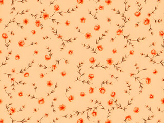 Seamless Minimalist Tiny Floral Pattern on Peach Background