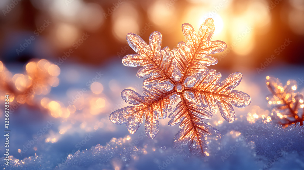 Poster celestial snowflake: a macro shot captures the intricate beauty of a crystalline snowflake resting d