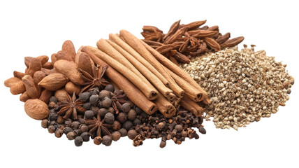 Diverse assortment of spices arranged on a white background showcasing unique textures and colors for culinary inspiration