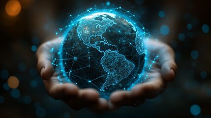 Hands Holding Glowing Digital Earth Global Network, Connection, Technology. Concept for Worldwide Communication, Data.
