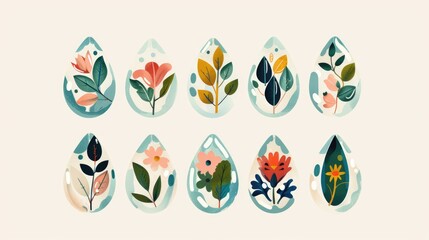Minimalist floral illustrations set with teardrop shapes featuring blooming flowers and leaves in contemporary style