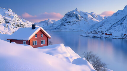 Winter Wonderland: A charming red house nestled in a snow-covered landscape, with a serene lake reflecting the majestic snow-capped mountains in the background.