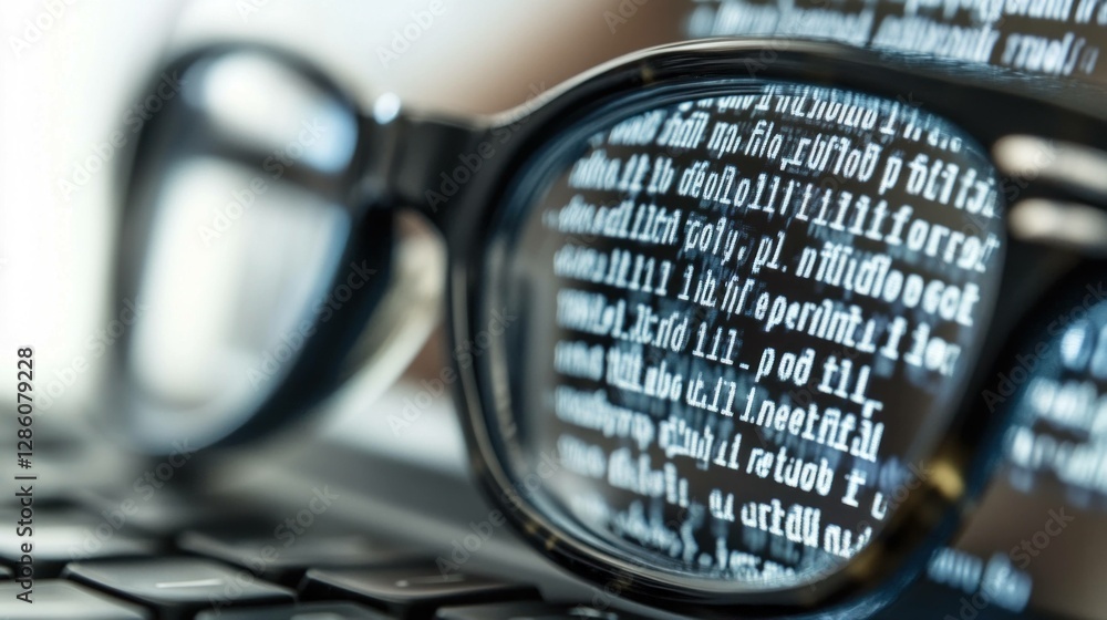 Poster close up of eyeglasses reflecting a digital code, showcasing the concept of technology, vision, and 