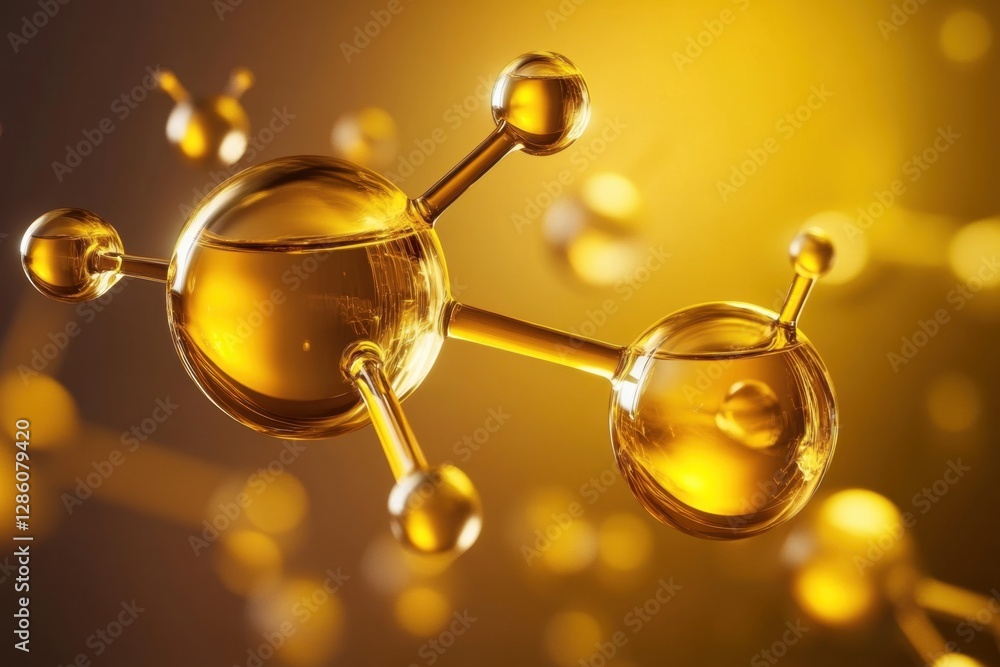 Poster exploration of molecular structures in amber-hued liquid science within a glowing laboratory setting