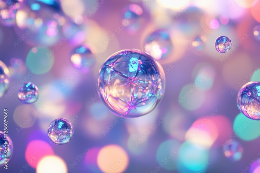 Poster shimmering bubbles float in a dreamy, colorful ambiance, creating a surreal atmosphere of light and 