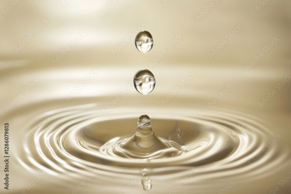 Poster droplets of water create mesmerizing ripples against a golden backdrop in a tranquil setting. genera