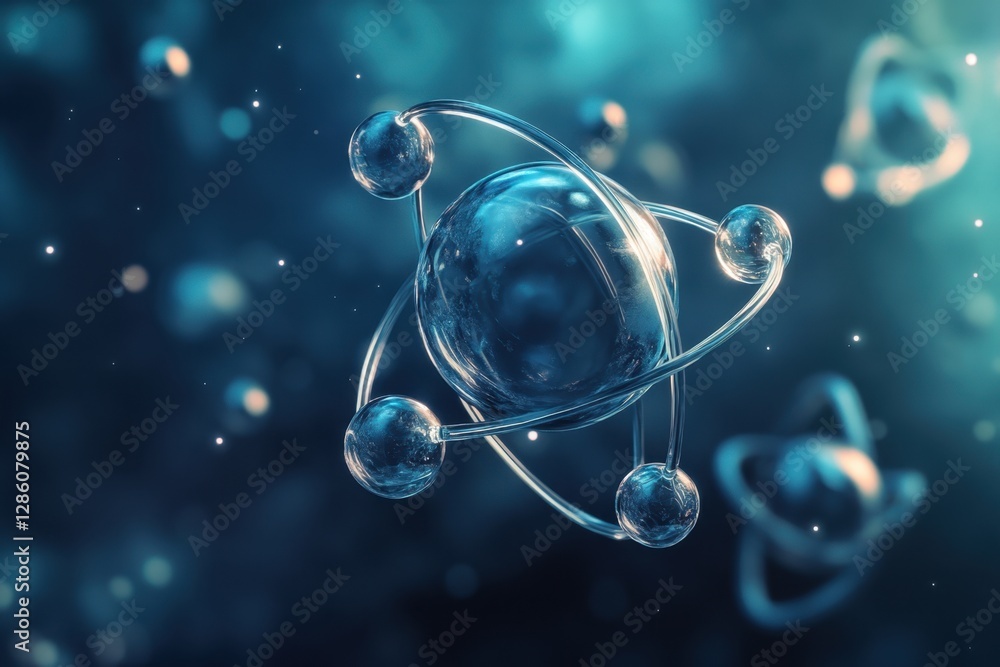 Poster exploring the intricate beauty of atomic structures in a mesmerizing blue cosmic environment. genera