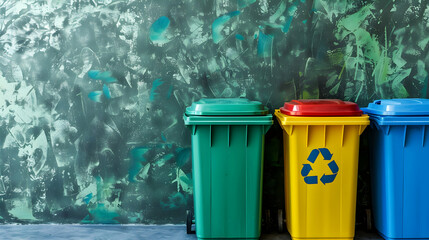 Colorful recycling bins against a textured green wall, promoting waste separation and sustainability