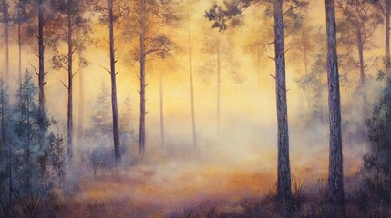 Misty sunrise in a pine forest.