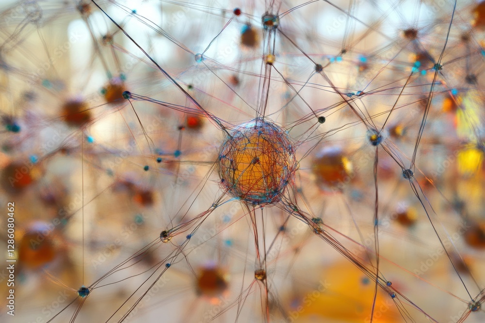 Poster exploring the intricate world of molecular structures under warm sunlight in a vibrant, abstract atm
