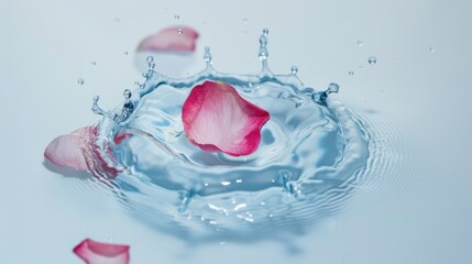 Delicate pink rose petal floating in crystal teardrop with soft background and gentle shadows